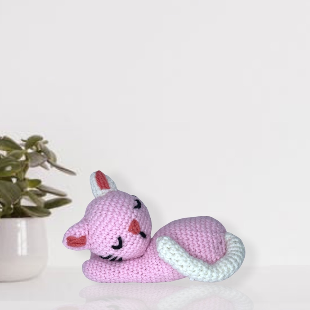 Sleeping Little Cat Crochet in Pink/White | Handmade